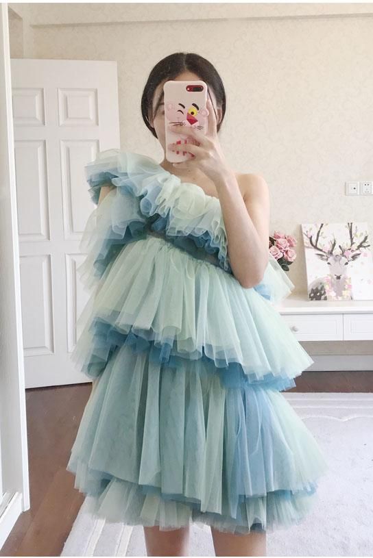 Unique One-Shoulder Tulle Homecoming Dress, Short Layers Party Dress - FashionDia