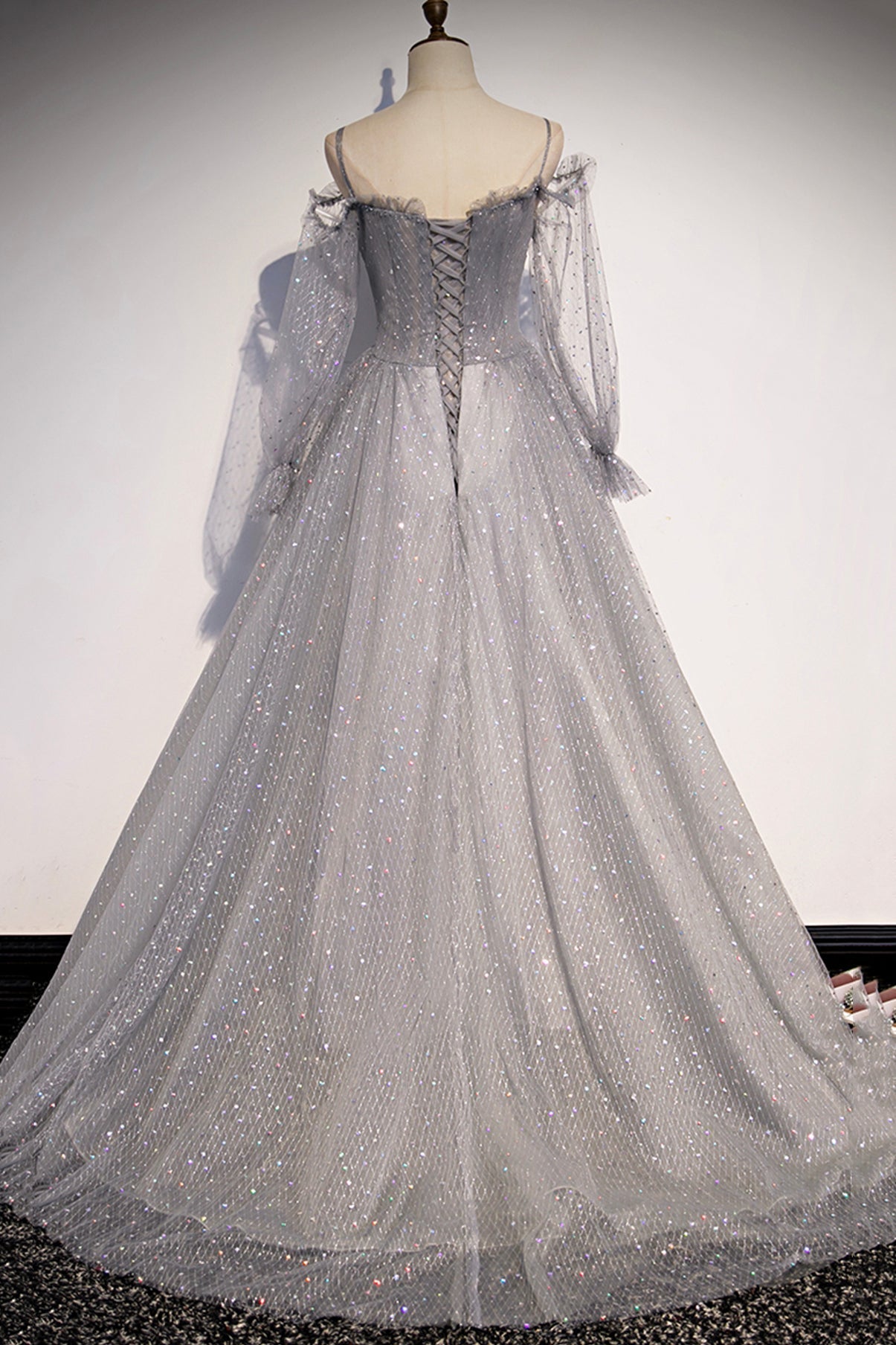 GRAY TULLE SEQUINS LONG A LINE PROM DRESS EVENING DRESS