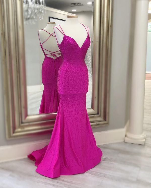Mermaid Hot Pink Beaded Long Prom Dress
