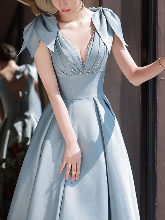 blue v neck satin beads long prom dress, blue evening dress