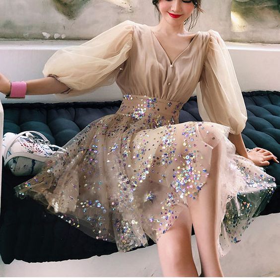 Sequin Mini Dress V-neck Puff Sleeve Party Dress Homecoming Dress