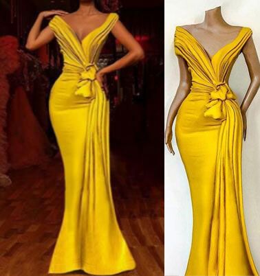 African Yellow Prom Dresses With Pleats Knoted Deep V-Neck Mermaid Evening Dress Formal Celebrity Party Gowns - View 2 | FashionDia