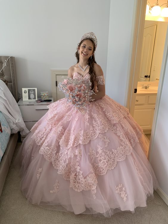 Pink lace ball gown prom dresses long evening dress