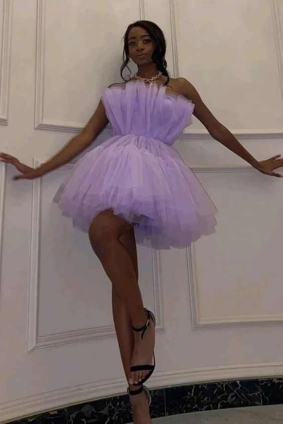 Lavender Strapless Tulle Short Homecoming Dress, Short Prom Gown - FashionDia