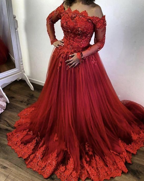 red tulle princess prom dresses off the shoulder
