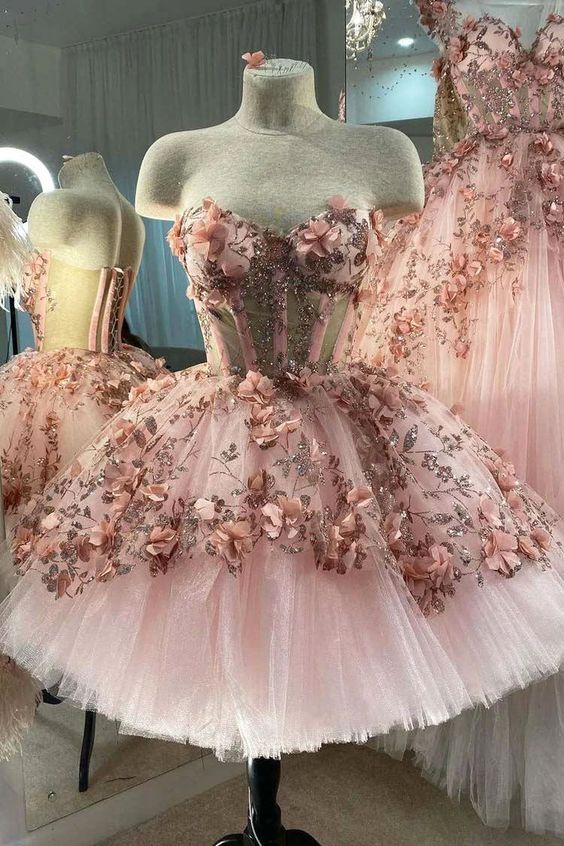 Princess Sparkly Sweetheart Homecoming Dresses with 3d Flowers, Pink Sweet 16 Dresses