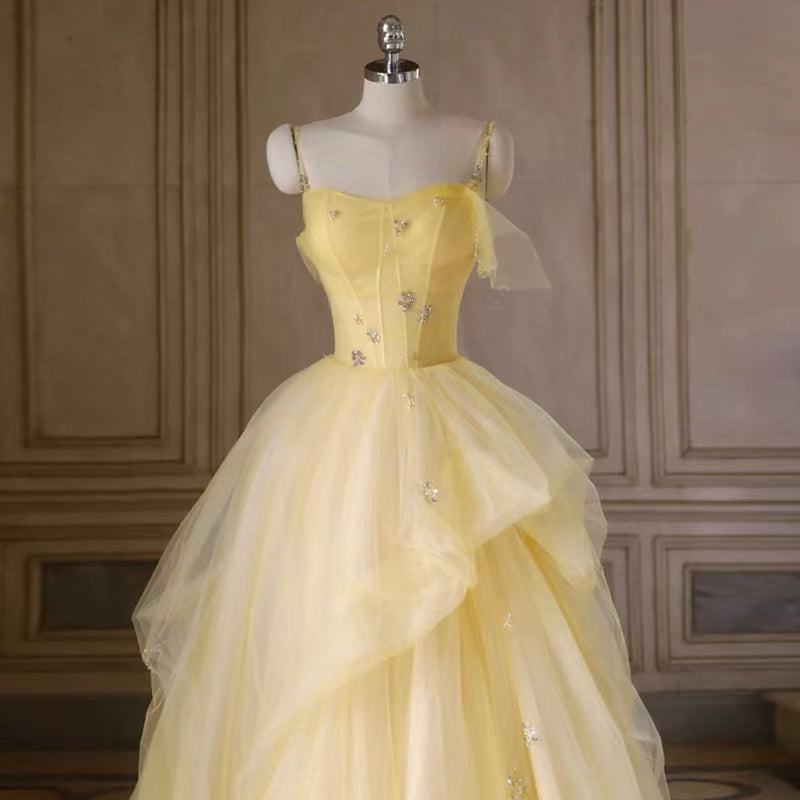 Simple party dress, birthday fairy dress, socialite senior yellow prom dress