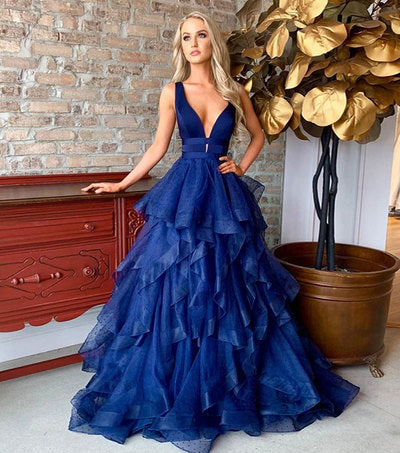 Blue v neck tulle long prom dress, blue evening dress