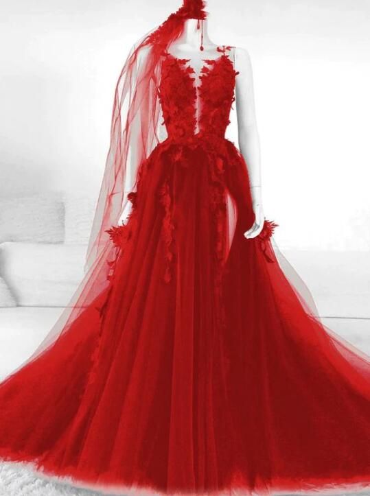 Elegant Backless Tulle Modest Prom Dress With Appliques