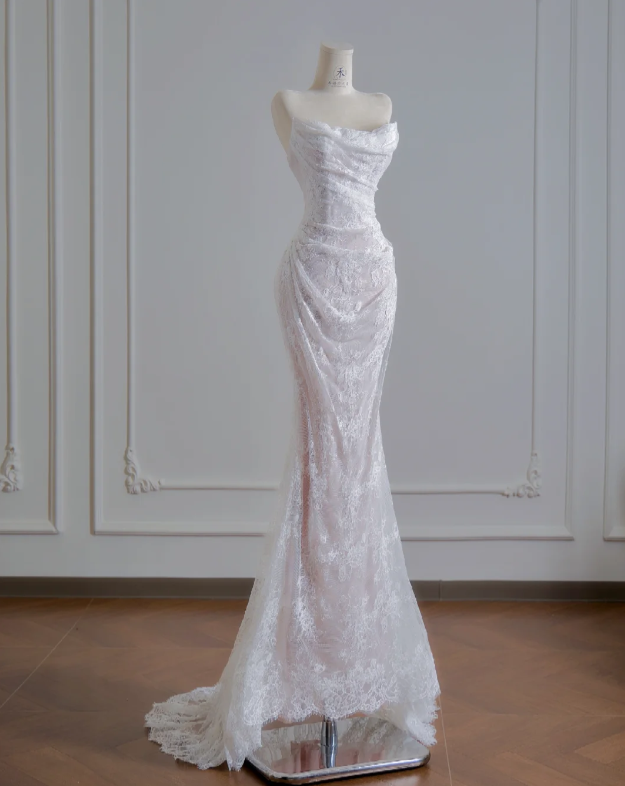 Mermaid Lace Wedding Dress White Wedding Gowns Birthday Outfit - VelvetHem