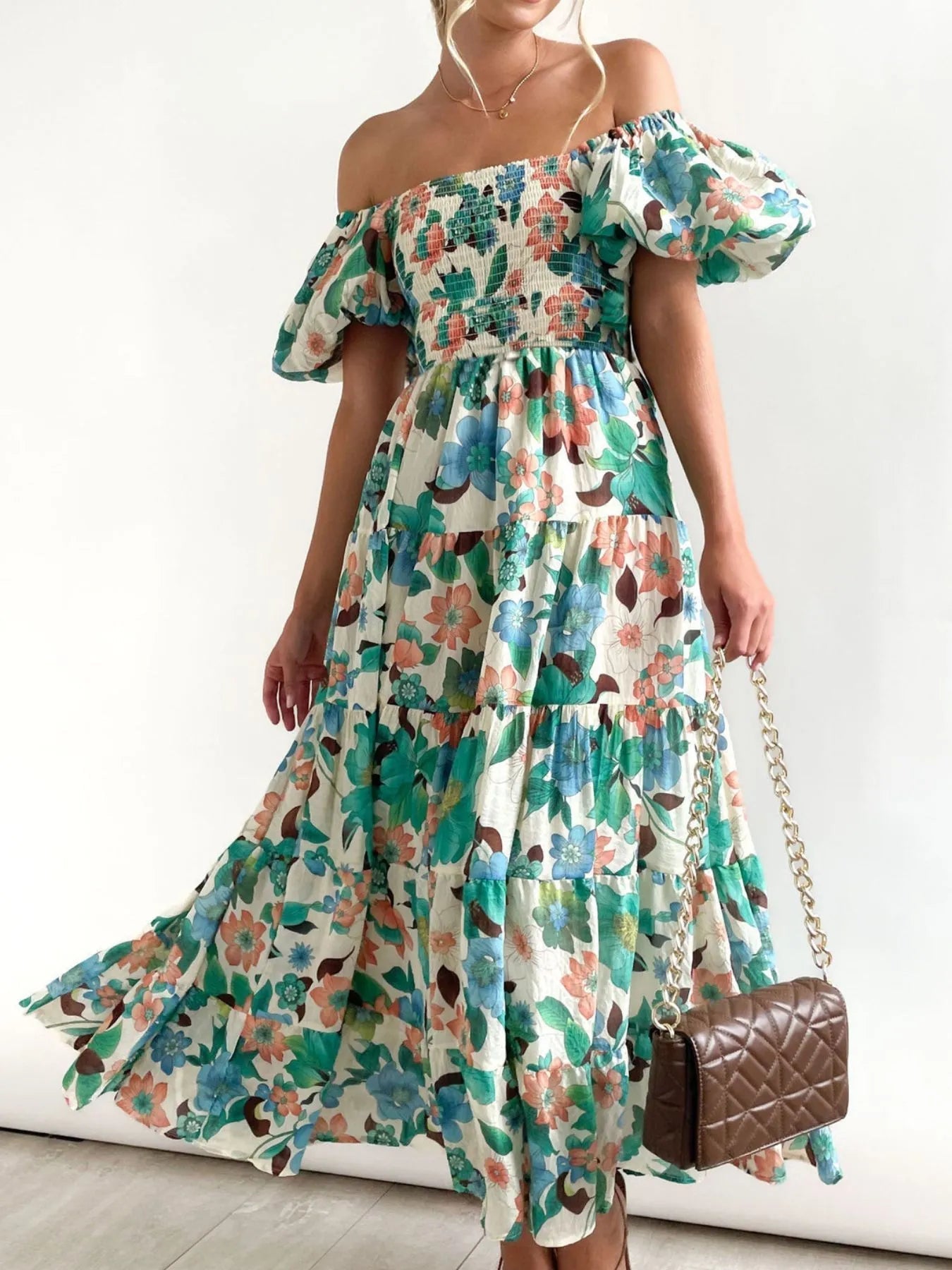 Ersilia Premium Dress with Puff Sleeves and Floral Print Chic Silhouette Collection