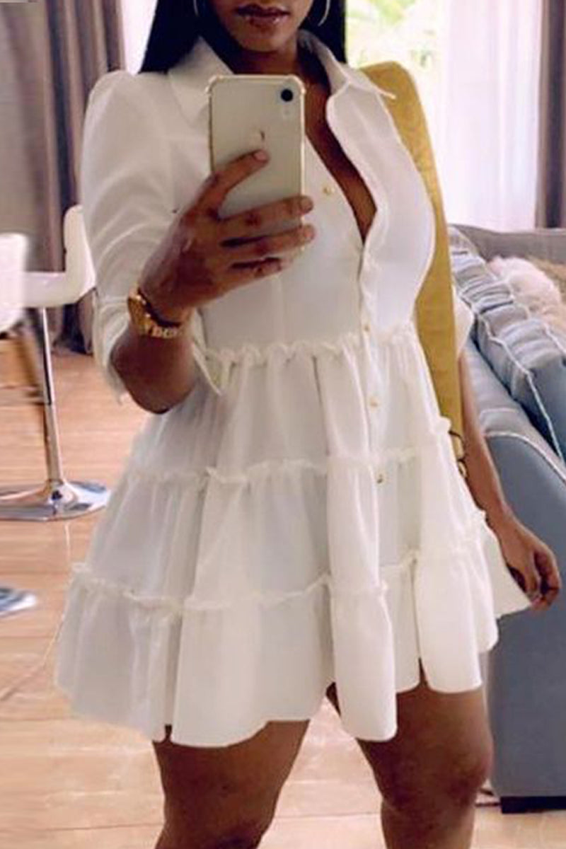 Fashion Casual Solid Turndown Collar Shirt Dress - Fashionpara