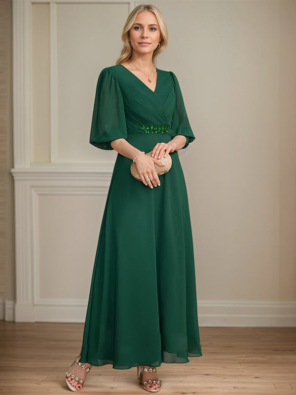 A-line V-Neck Ankle-Length Chiffon Mother of the Bride Dress With Pleated Sequins Beading - View 3 | FashionDia