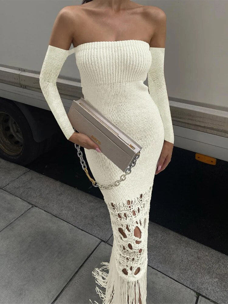 TARUXY Knitted Tassel Maxi Dresses For Women Hollow Out Sexy Bodycon Dress Women's Off The Shoulders Elegant Evening Dress Woman - View 2 | VelvetHem