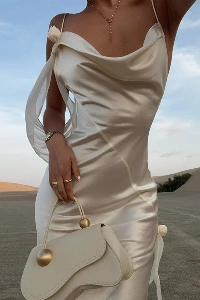 Elegant White Satin Backless Maxi Dress - View 3 | FashionDia