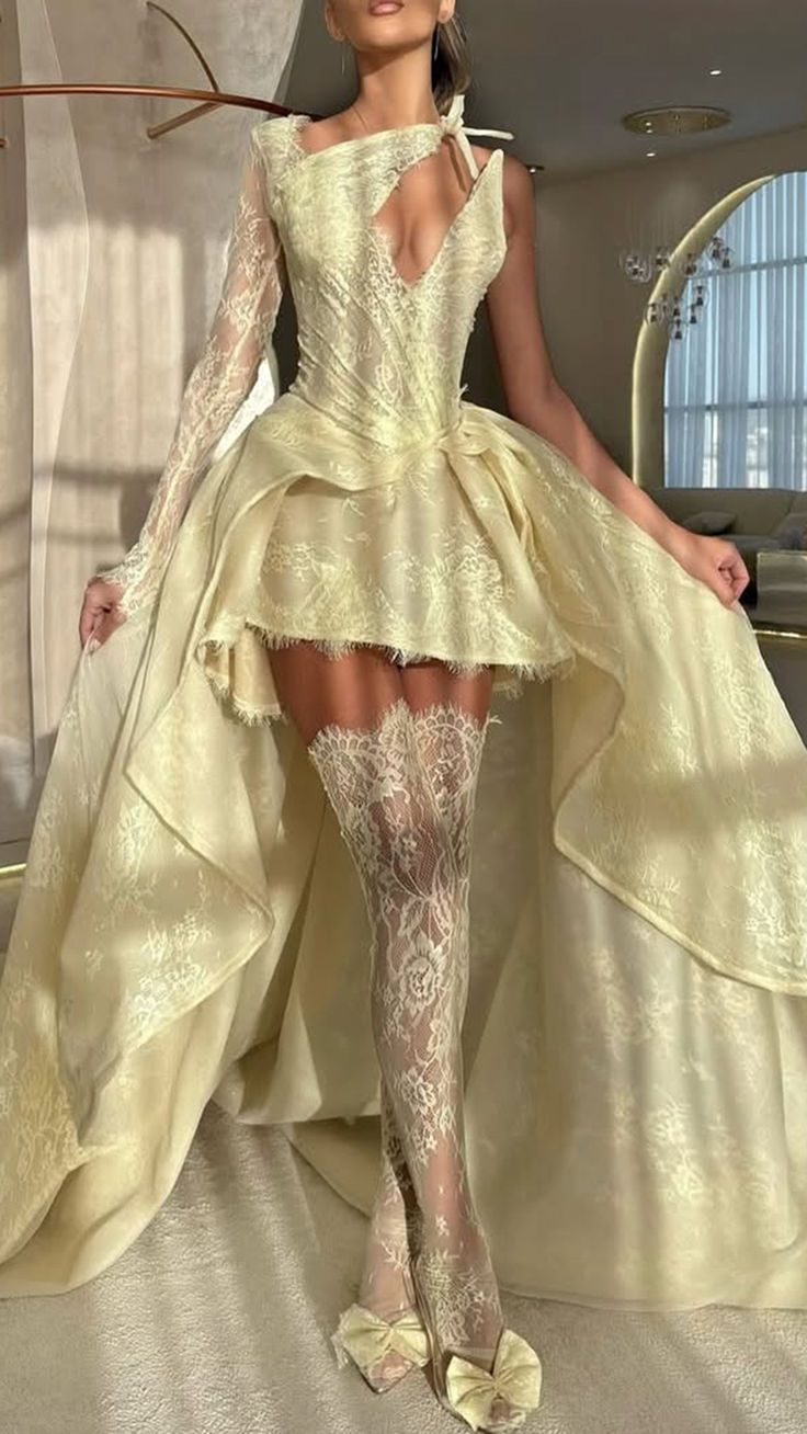 Yellow Lace Wedding Dress Elegant A Line Wedding Gown - VelvetHem