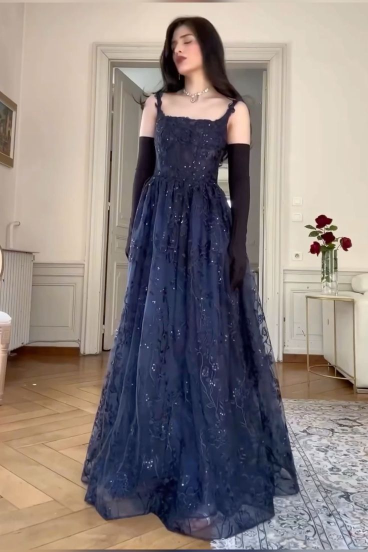 Blue A-Line Lace Appliques Prom Dress Elegant Evening Gown - FashionDia