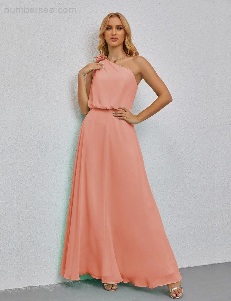 Ruffled One Shoulder Sleeveless Long Bridesmaid Dresses A-line Formal Evening Gown Side Split 28080 (ZD17018)
