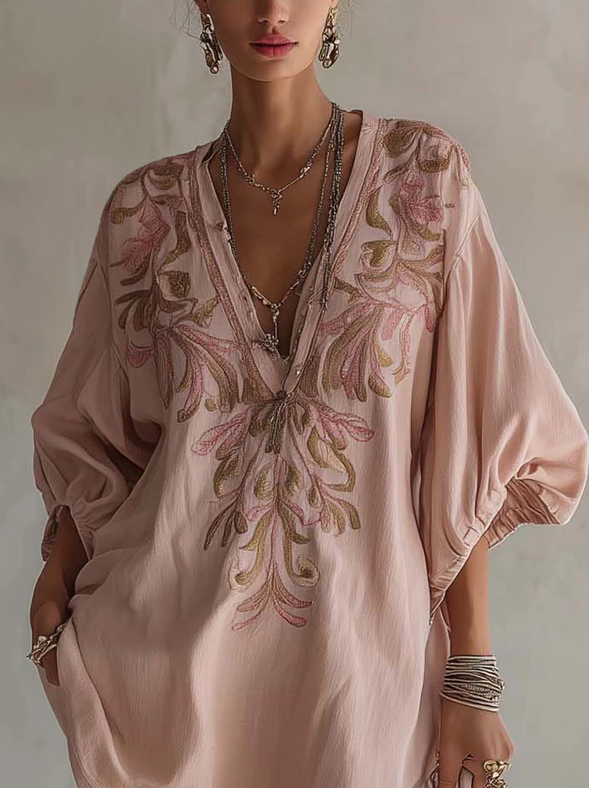 Pink V-Neck Puff Sleeve Mini Dress With Vintage Floral Embroidery