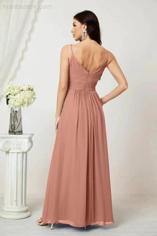 ZapDress Chiffon V-Neck Bridesmaid Dress Spaghetti Strap Long Formal Party Prom Gowns with Slit 28010 (ZD17028)
