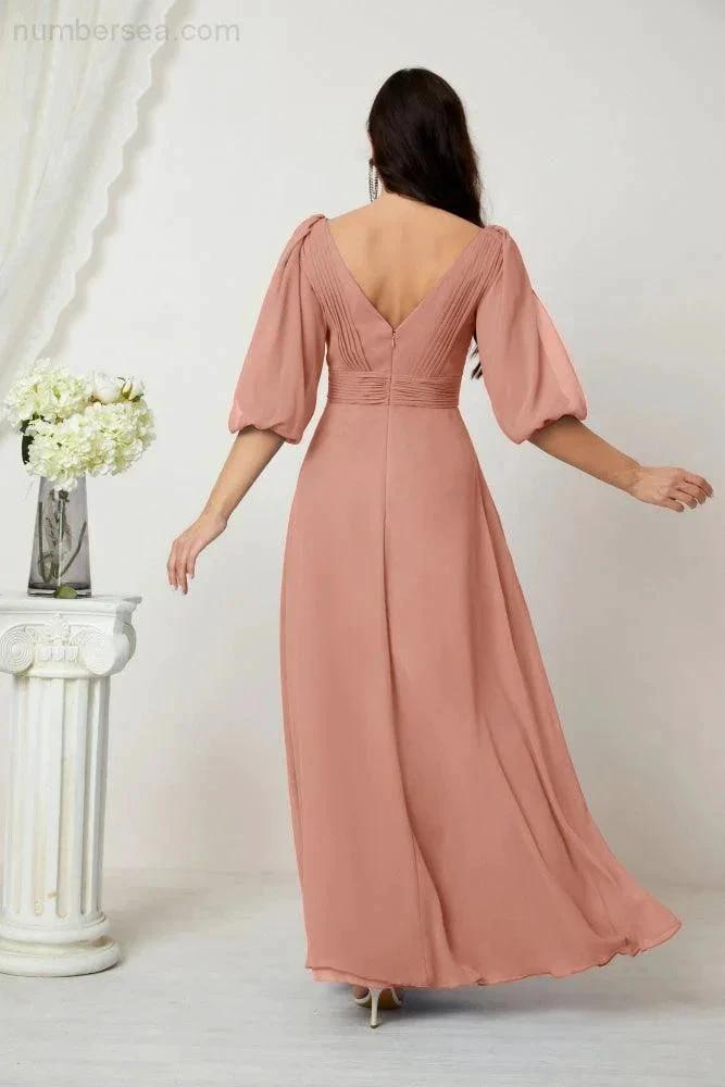 ZapDress Formal Prom Gown Women V-Neck Chiffon Bridesmaid Dresses Long Bishop Sleeve Party Dress 2807 (ZD17027)