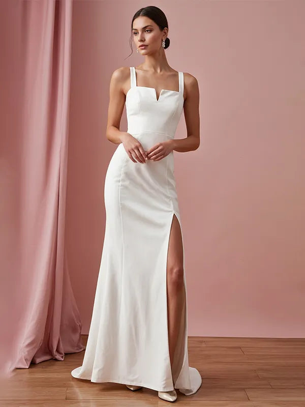 Evening Dress White V-neck Sleeveless High Slit - VelvetHem