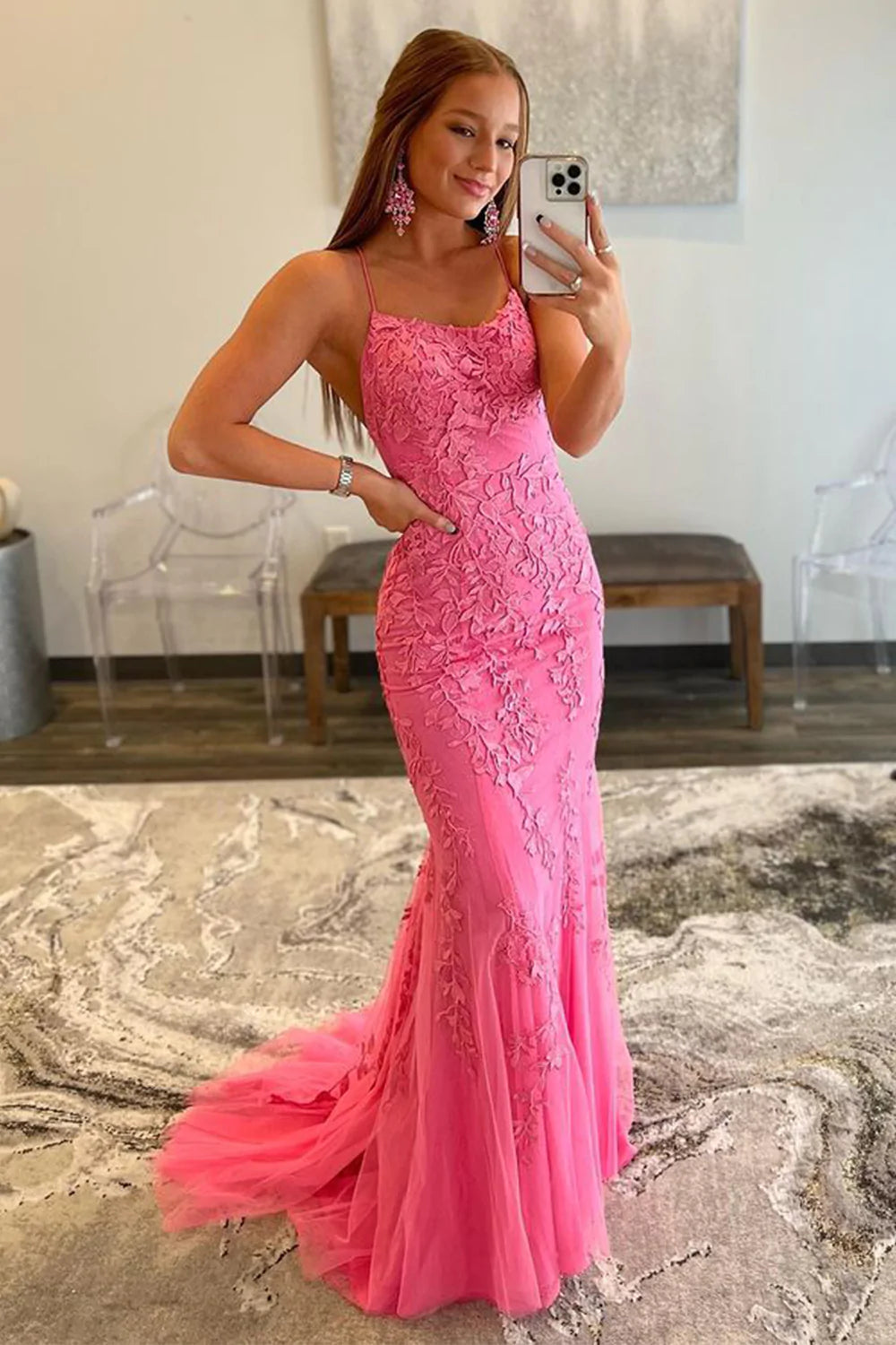 Mermaid Spaghetti Straps Blue Long Prom Dress with Appliques
