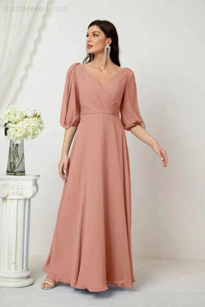 ZapDress Formal Prom Gown Women V-Neck Chiffon Bridesmaid Dresses Long Bishop Sleeve Party Dress 2807 (ZD17027)