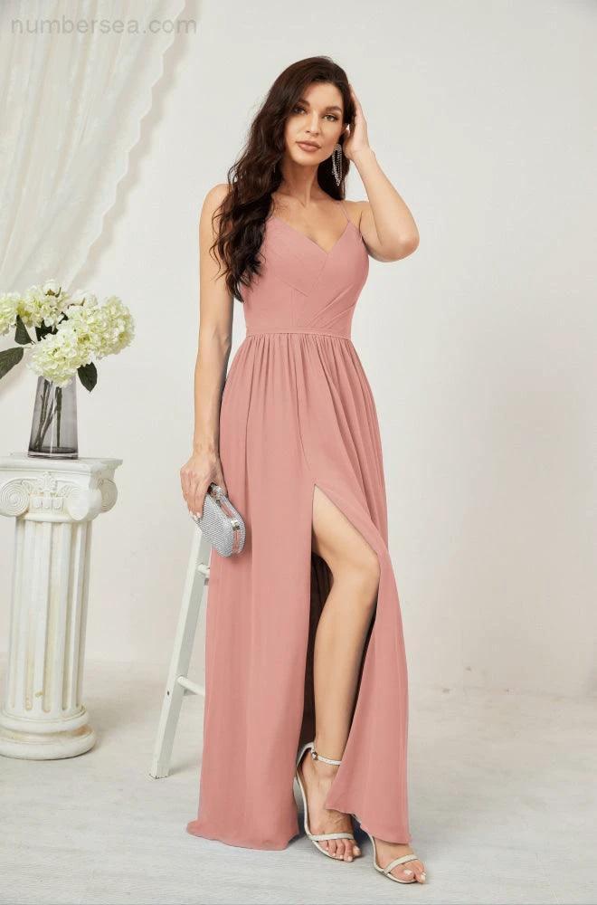 ZapDress Neck Bridesmaid Dresses Chiffon Long Spaghetti A-line Formal Prom Gown for Wedding Party Evening 2801 (ZD16961)