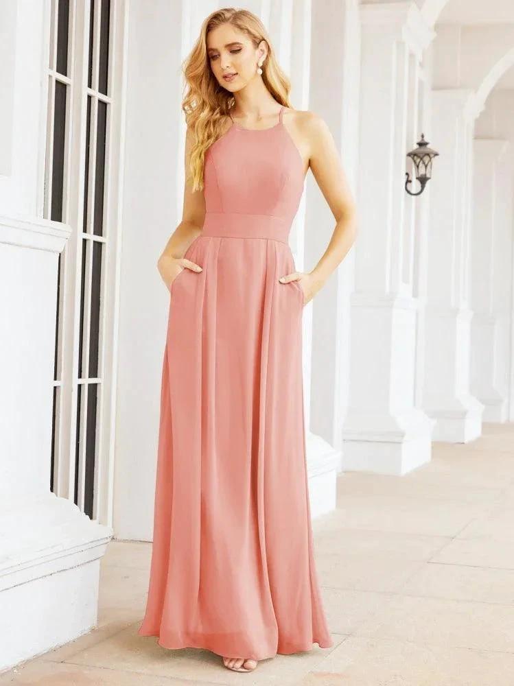 Numbersea Halter Bridesmaid Dresses with Pockets Sleeveless Formal Evening Party Prom Gowns 28055 by numbersea