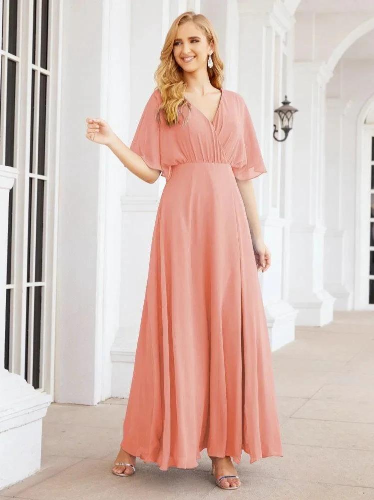 Numbersea V-Neck Bridesmaid Dress Chiffon Long Open Back Formal Dresses for Women Party Evening 28067 by numbersea