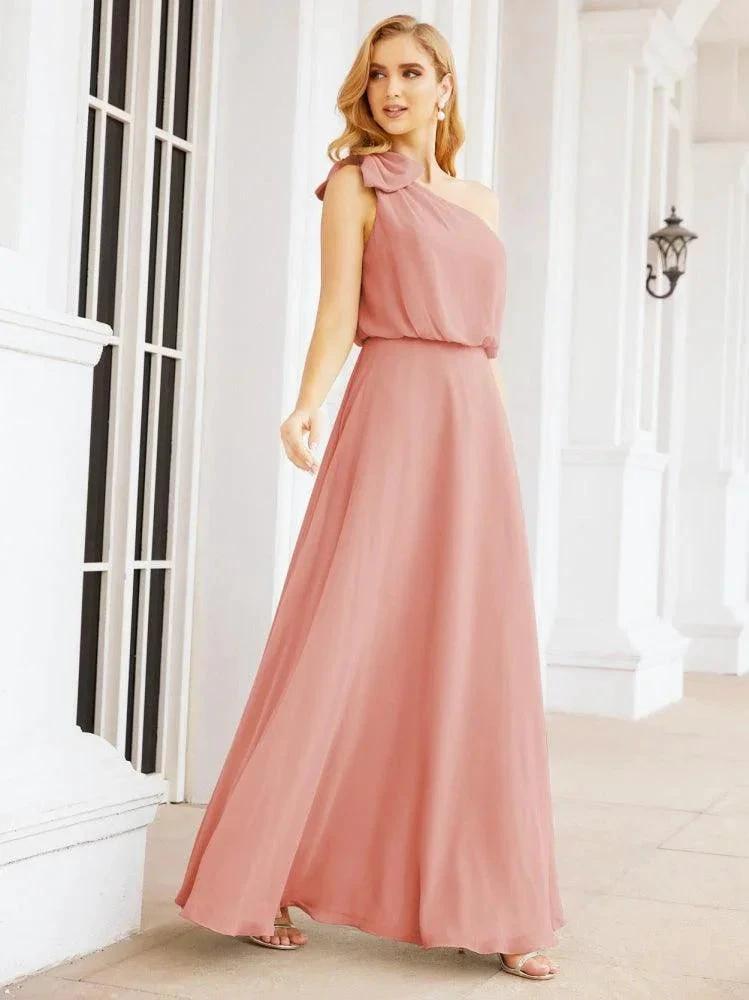Numbersea Chiffon Ruffled One Shoulder Sleeveless Long Bride Dresses A-line Formal Evening Gown Side Split 28057 by numbersea