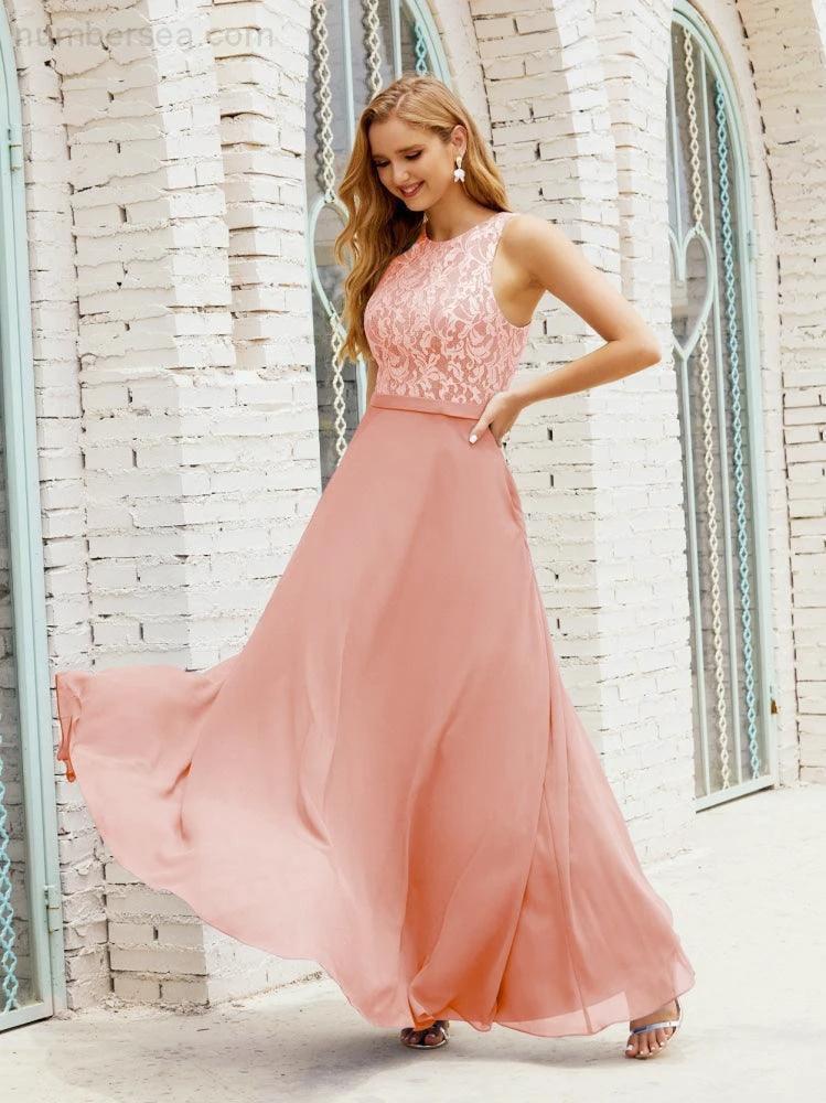 Lace Bridesmaid Dress Floor Length Evening Gowns with Pockets 28017 (ZD16964)