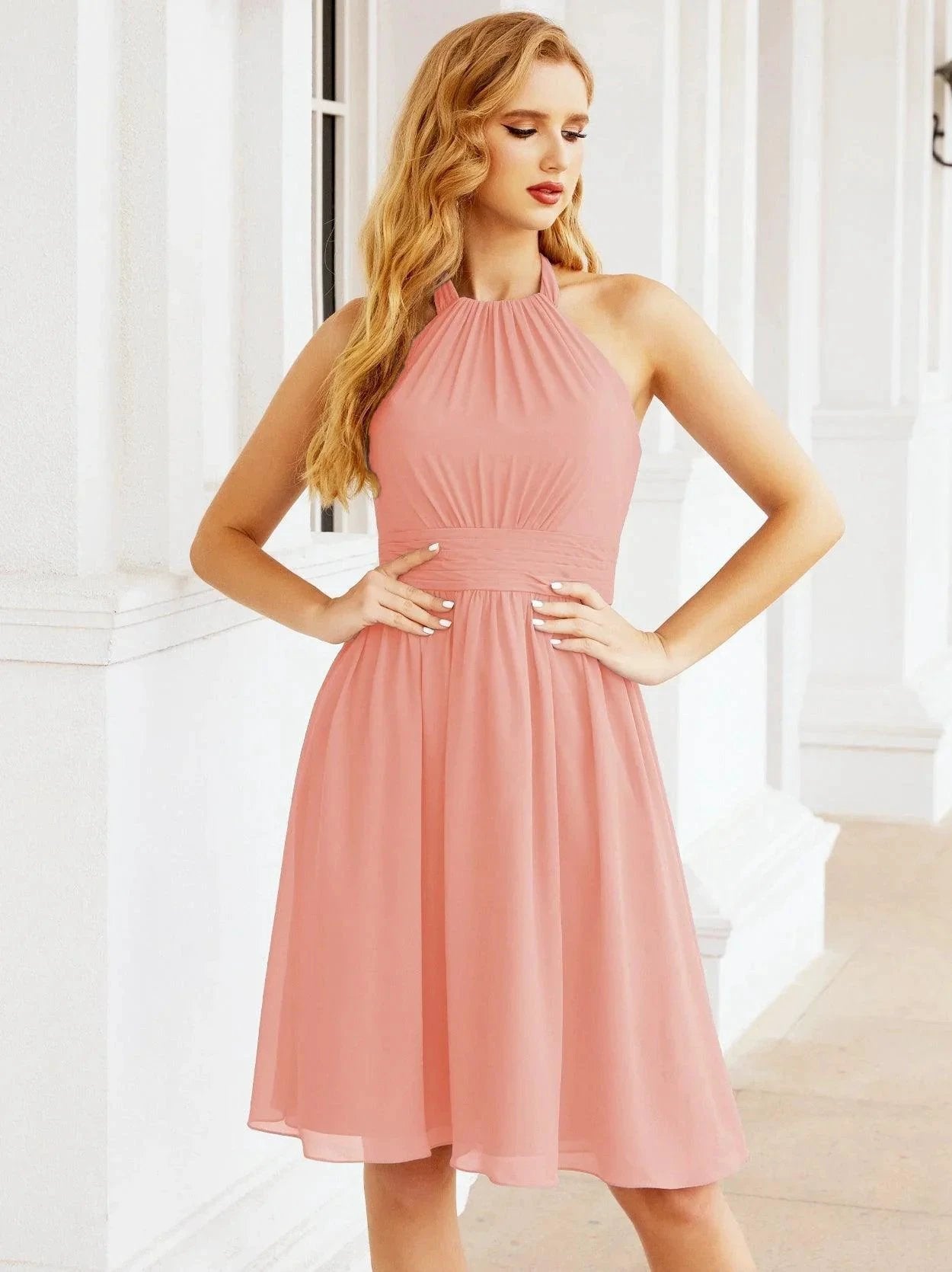 ZapDress Halter Chiffon Bridesmaid Dresses Short Sleeveless Formal Party Dress Open Back 28023 (ZD16957)