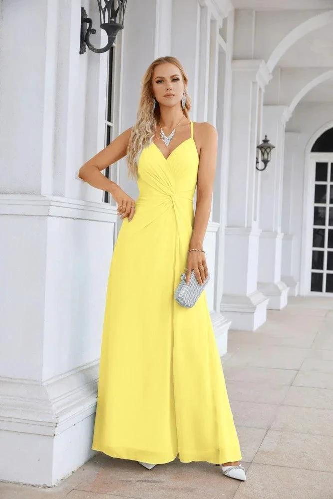 Ladies Chiffon Spaghetti Strap V Neck Front Slit Floor Length Bridesmaid Evening Dress Prom Party Wedding Evening Dress 28116 by numbersea