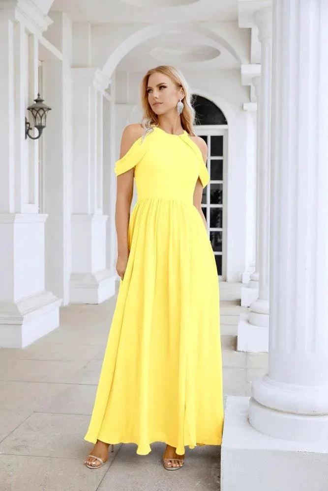 Ladies Chiffon Off Shoulder Swing Sleeve Front Slit Bridesmaid Evening Dress Wedding Party Evening Dress 28117 by numbersea