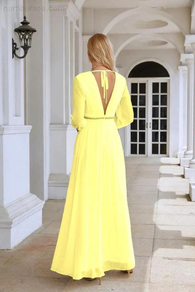 Ladies V Neck Chiffon Long Sleeve Front Slit Bridesmaid Evening Dress Wedding Party Shopping Evening Dress 28109 (ZD16991)
