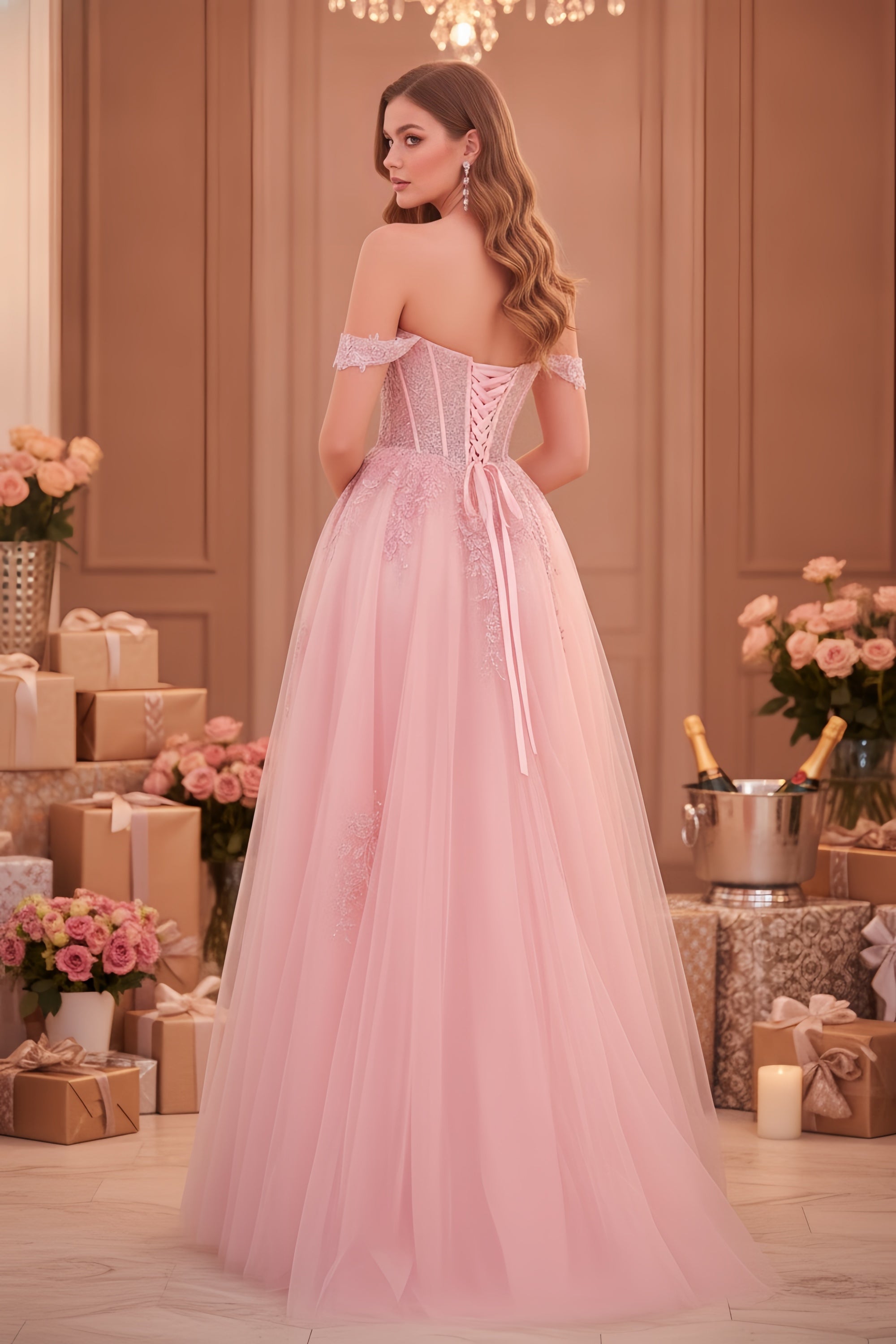 Elegant Off-Shoulder Corset Ball Gown with Tulle and Slit