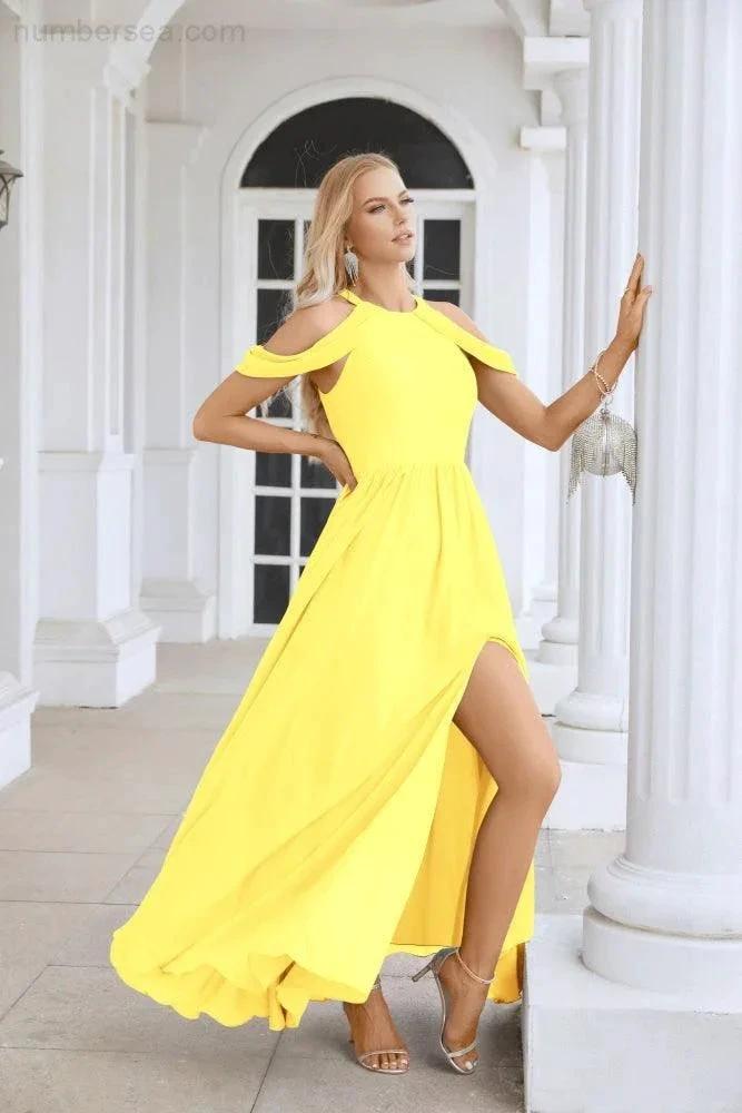 Ladies Chiffon Off Shoulder Swing Sleeve Front Slit Bridesmaid Evening Dress Wedding Party Evening Dress 28117 (ZD17011)