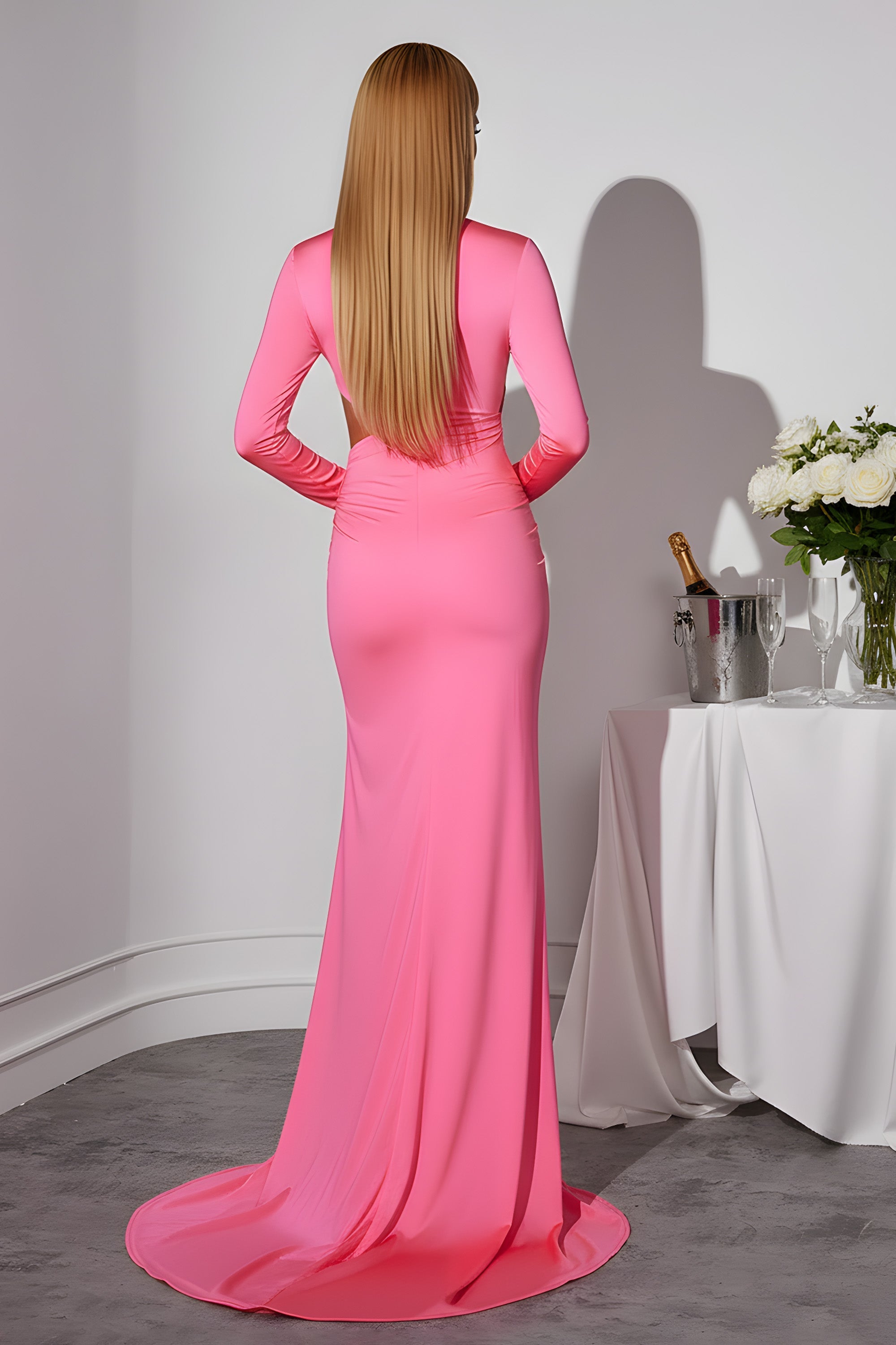 Mock Neck Cutout Long Sleeve Evening Gown with Applique