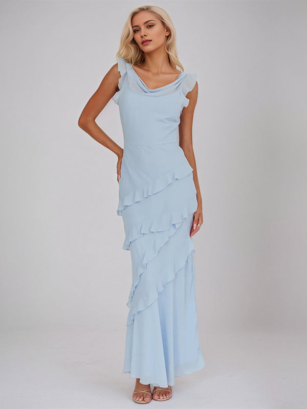 Blue Chiffon Sheath/Column Cowl Neck Sleeveless Floor Length Bridesmaid Dresses