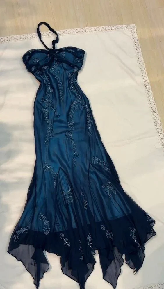 Unique Navy Blue Chiffon Beaded Formal Prom Dress Mermaid Evening Dress - View 2 | FashionDia
