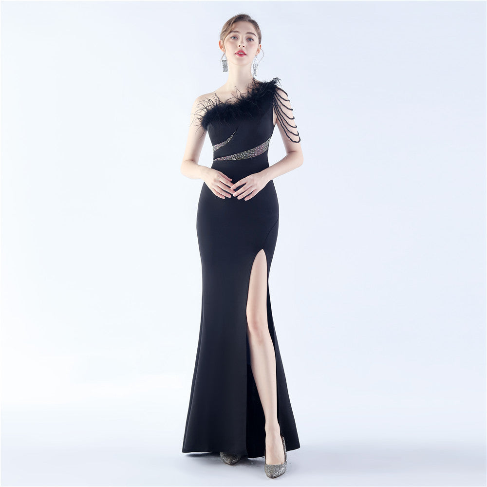 Evening Dress Craft Rhinestone Handmade Beaded Ostrich Feather Diagonal Collar One Shoulder Dress - View 4 | VelvetHem