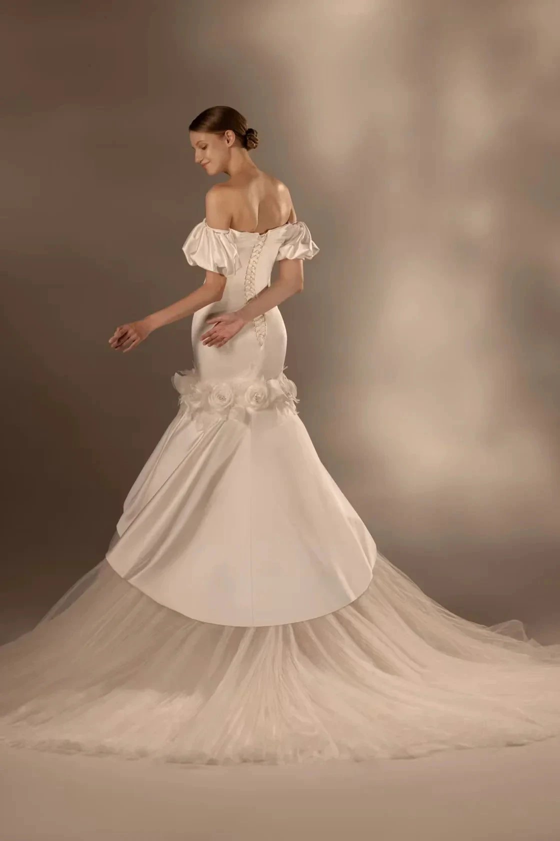 Gorgeous Long Mermaid Off-the-Shoulder Puff Sleeve Satin Wedding Dress with 3D Flower & Lace-Up Back & Tulle Train (ZD16908)