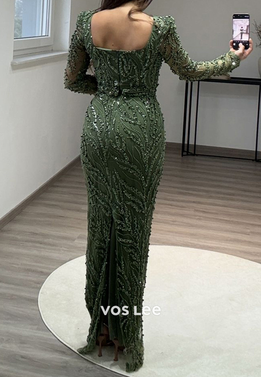 Column Floor-Length Square Long Sleeve Beading Glitter Split Formal Evening Dresses