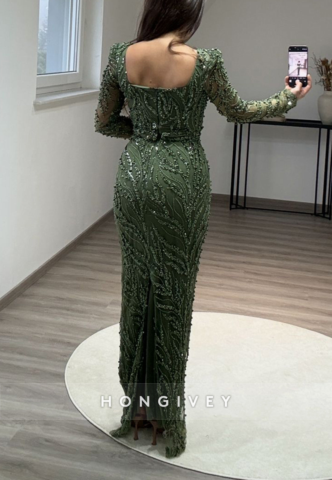 Column Floor-Length Square Long Sleeve Beading Glitter Split Formal Evening Dresses