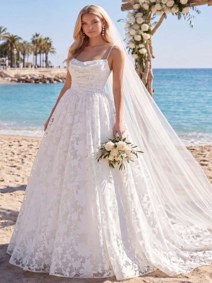 Lace Floral White A Line Spaghetti Straps Sweep Train Wedding Dress