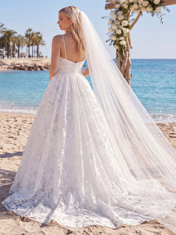 Lace Floral White A Line Spaghetti Straps Sweep Train Wedding Dress