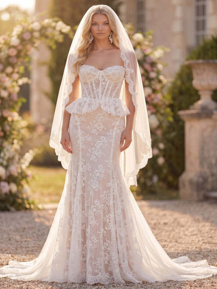 Mermaid White Lace Floral Corset Sweep Train Wedding Dress