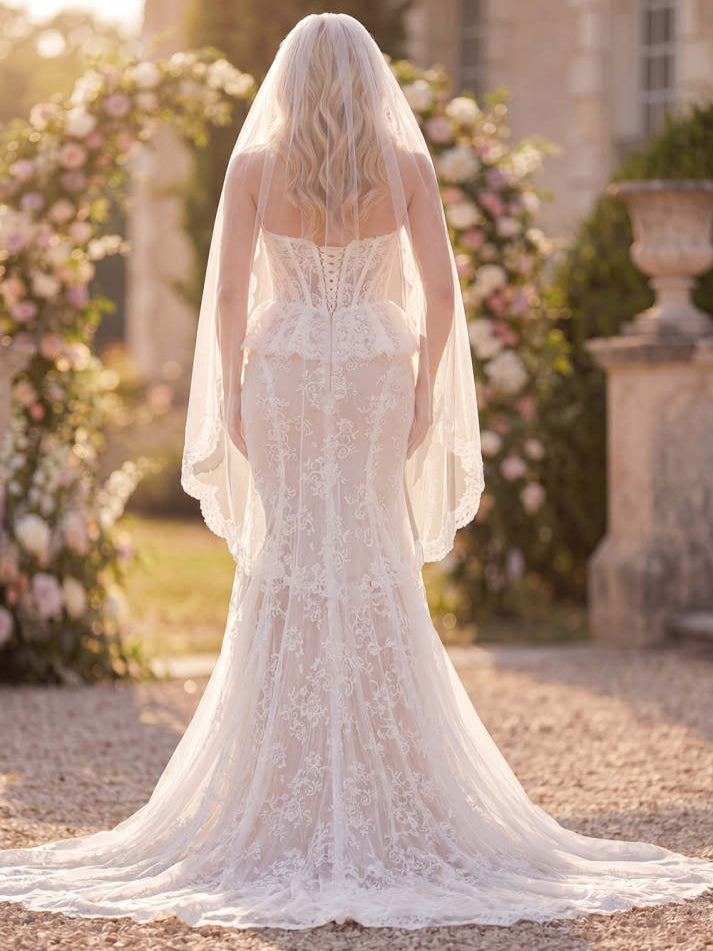 Mermaid White Lace Floral Corset Sweep Train Wedding Dress - View 2 | FashionDia